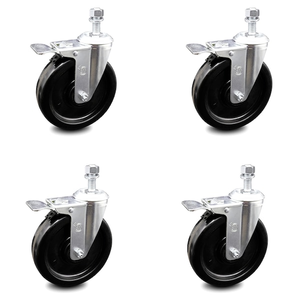 6 Inch Phenolic Swivel 1/2 Inch Threaded Stem Caster Set with Total Lock Brake SCC